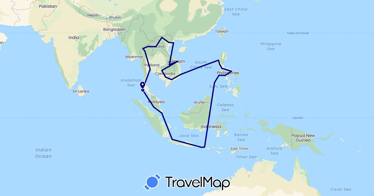 TravelMap itinerary: driving in Indonesia, Cambodia, Laos, Malaysia, Philippines, Singapore, Thailand, Vietnam (Asia)